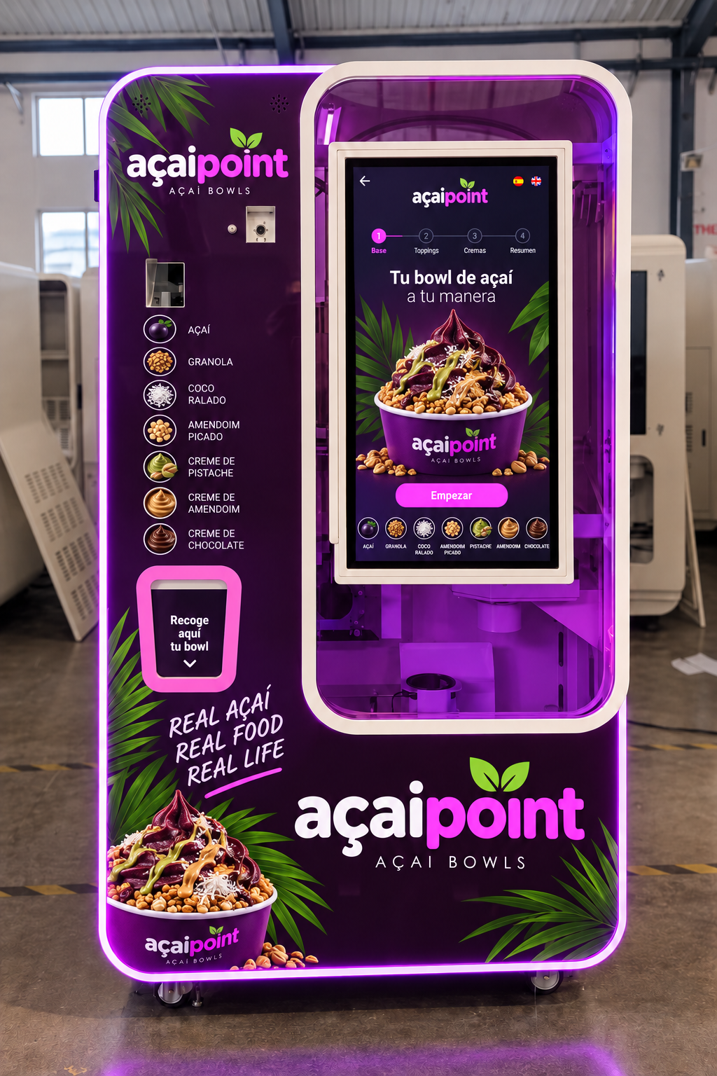 Máquina açaipoint con pantalla táctil y zona de recogida